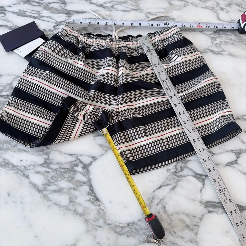 Prada UB378 Men's Medium Navy Blue White striped technical fabric swim trunks